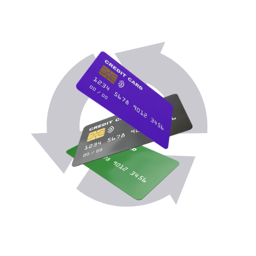 Debt consolidation - picture of three credit cards with an icon behind them indicating the debt is being consolidated