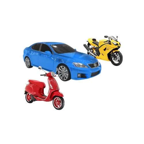 A picture of a car, motor cycle and a scooter representing the kind of things one can typically get with a vehicle loan